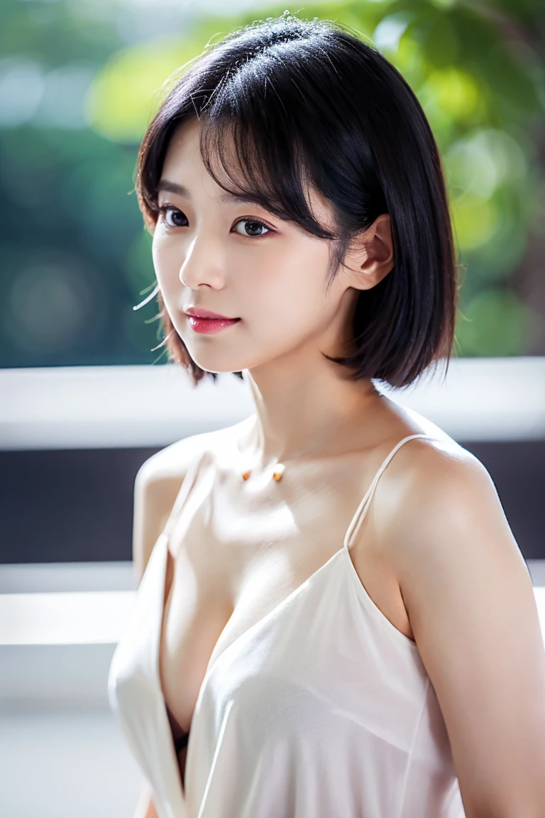 (white dress shirt, naked shirt, cleavage, open shirts, jeans:1.3), (small breasts, election of nipples:1.3), (natural lighting:1.3), 8k, RAW photo, best quality, masterpiece, realistic, photo-realistic, clear, beautiful face, no makeup, best quality, ultra high res, BREAK, Japanese cute girl, , (short cut hair:1.2), smile, standing, BREAK, (black eyes, black hair:1.2)