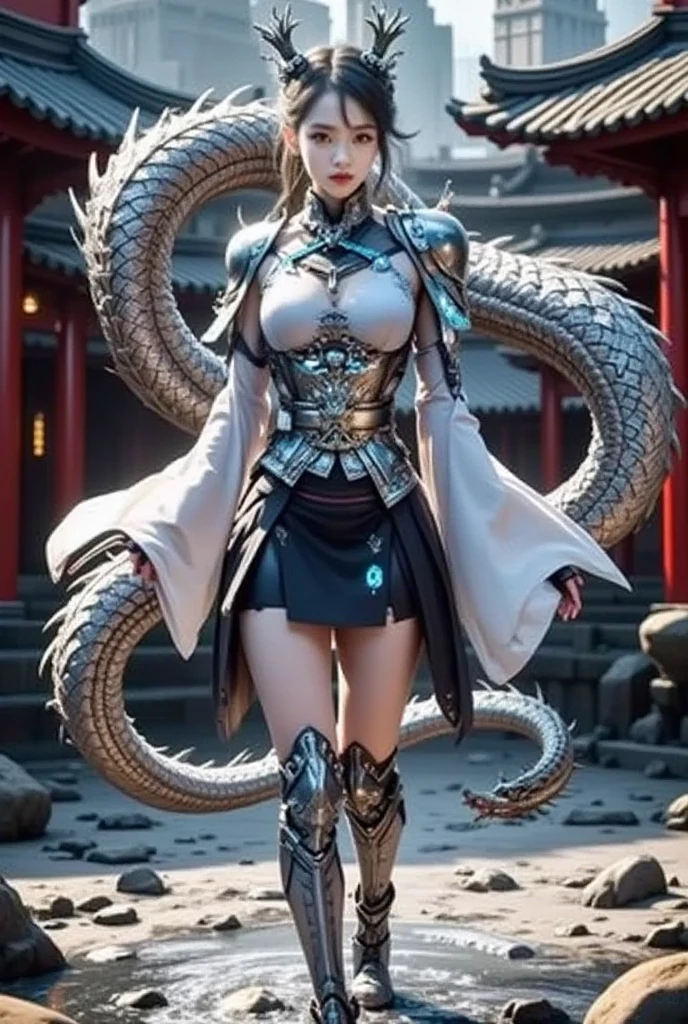 girl wearing unique qipao, BREAK, 1girl, intricate pattern long qipau, super details, detailed face, ruffle-trimmed sleeve, ming bracelet, divine fantasy building structure, glowing mist, masterpiece, high resolution, （white dragon armor), crown made of precious stones, (realistic, photo-realistic:1.3), golden hair, glowing skin, chinese dragon, gorgeous jewelry necklace, Metal ????????, beautiful forest cliff background, global illumination, octane rendering, cleavage, intricate decorative japanese details, realistic natural light, shining red eyes, looking at viewer, mechanically attach vessel cables, wires, ????????????????, (13yo, cute:1.3),