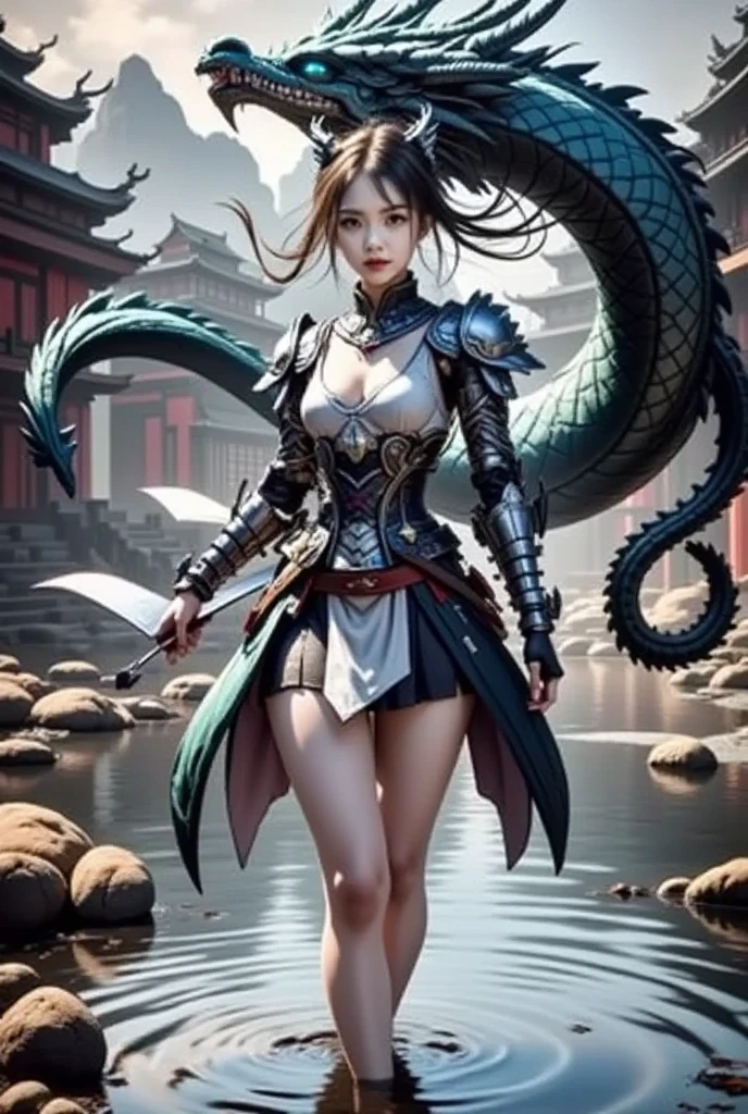 Woman with a dragon behind her