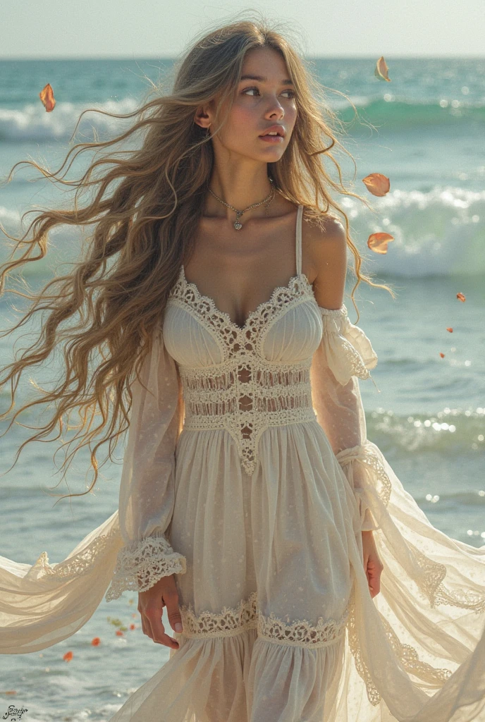 ( high quality , Super detailed, Watch your hands )Zodiac sign - Gemini Goddess , Similar to the goodness of Latin , Twin Goddesses , Curious, Skillful, Humorous, Fascinating, Imaginative faces , Sometimes unrealistic, Restless, Nervous, Careless style , Light brown eyes , Light blonde hair , Transparent dress , In the windy sea , whole body , Sexy Makeup ,