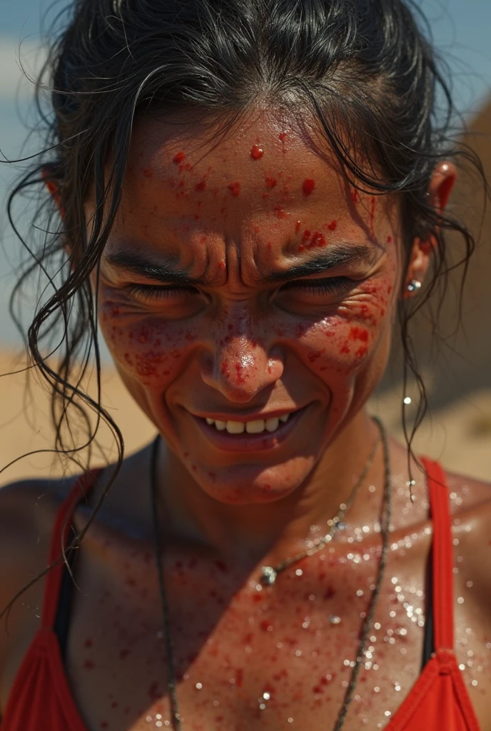 25 year old beautiful athletic asian female beach wrestler with muscular body injured after beach wrestling match. Lying on ground crying in pain. Bloody nose. Sweaty. Crowd in background