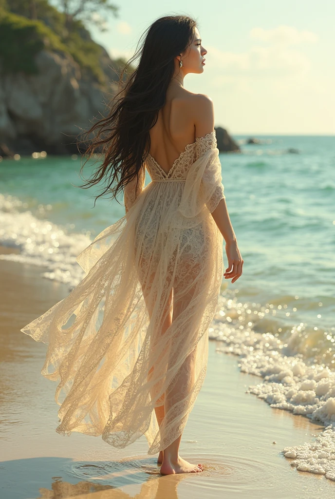 “A serene and artistic fashion photograph of a woman posed gracefully by the edge of a tranquil beach at sunrise. The scene is minimalist, with soft, muted colors. The woman’s figure is highlighted naked, in a non-morbid, aesthetically feminine manner, her posture elegant and natural. Surrounding her are elements of nature: gentle waves lapping at her feet, tall trees with flowing leaves framing the background, and scattered leaves on the sand. The lighting is soft, casting delicate shadows, and the overall composition emphasizes harmony and simplicity with a subtle play of light and shadow.”
