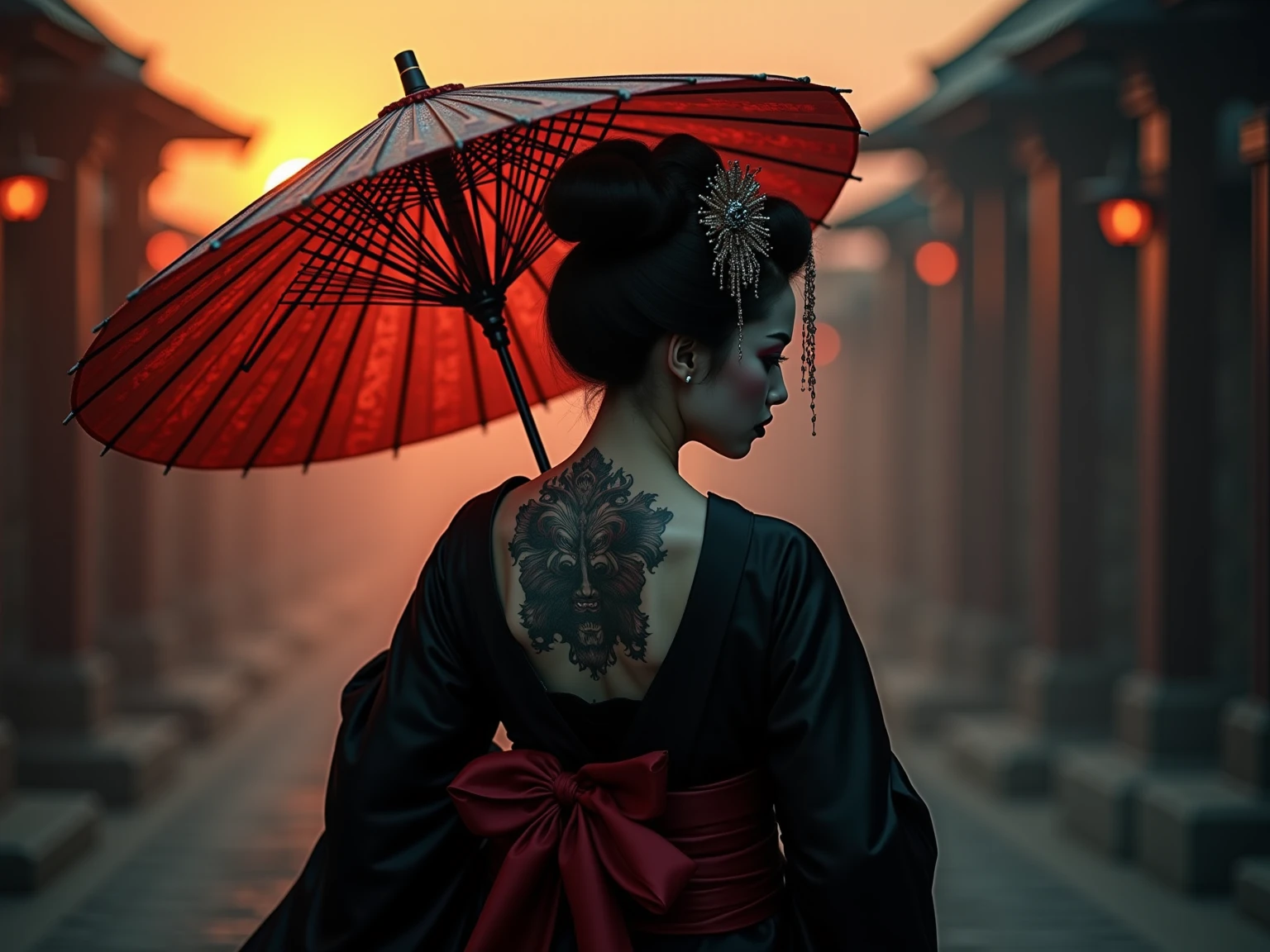 realistisches Bild, (best quality), (8K resolution), (Weitwinkelobjektiv), intricate details, (kinematic lighting), Wallpaper, 8k,
Kinematic image of a breathtakingly beautiful  geisha with a bun in her hair and a beautiful hair clip. The geisha is wearing a black and red kimono and is in a mysterious environment, She stands with an umbrella at dusk in front of a temple with dragon design,
We see her fading silhouette , a tattooed back tells us a  story 