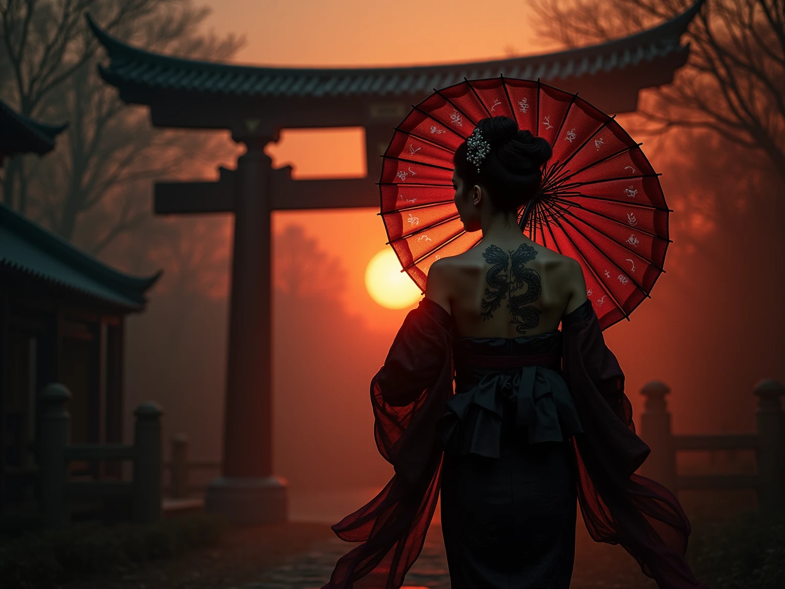 realistisches Bild, (best quality), (8K resolution), (Weitwinkelobjektiv), intricate details, (kinematic lighting), Wallpaper, 8k,
Kinematic image of a Gothic geisha with a bun in her hair and a beautiful hair clip. The dignified geisha is wearing a black and red kimono and black lipstick and is in a mysterious environment, running at dusk in front of the temple with a dragon pattern umbrella, she plays with her charms, mystical backdrop at sunset, We see her fading silhouette , she shows tied her graceful tattooed back telling us a story