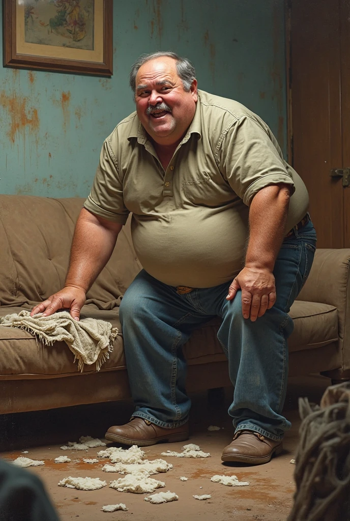 A fat old man sitting on a brown sofa and wearing a tight, half-open blue dress shirt showing his hairy chest