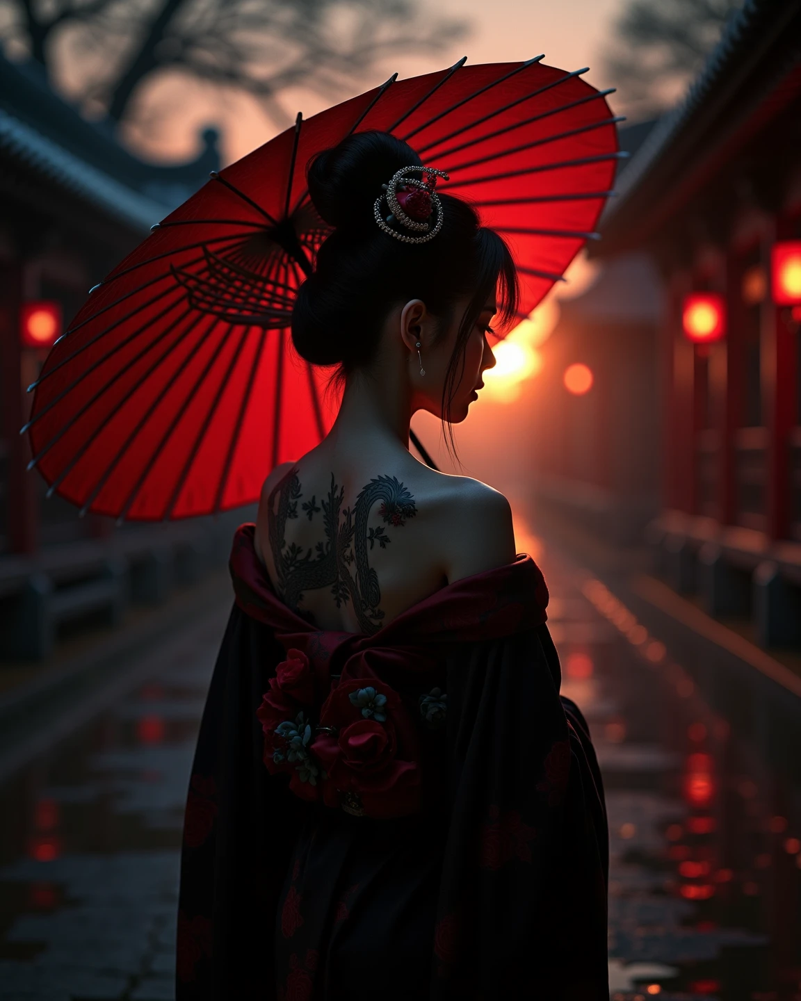 realistisches Bild, (best quality), (8K resolution), (Weitwinkelobjektiv), intricate details, (kinematic lighting), Wallpaper, 8k,
Kinematic image of a breathtakingly beautiful  geisha with a bun in her hair and a beautiful hair clip. The geisha is wearing a black and red kimono and is in a mysterious environment, She stands with an umbrella at dusk in front of a temple with dragon design,
We see her fading silhouette , a tattooed back tells us a  story 