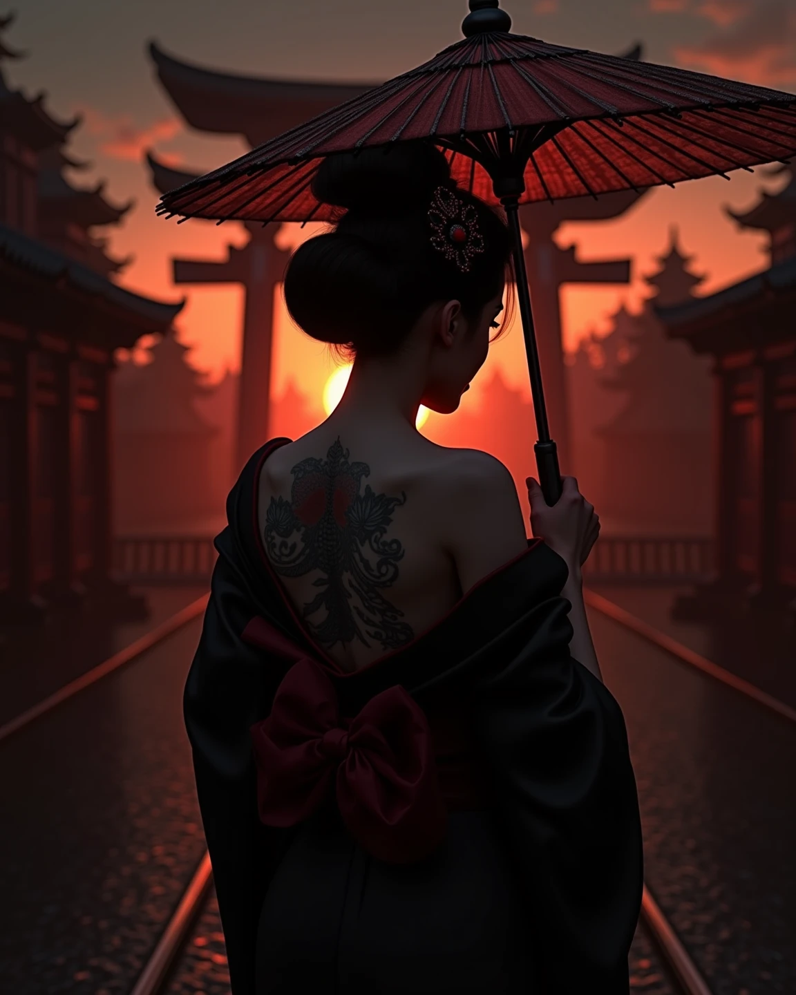 realistisches Bild, (best quality), (8K resolution), (Weitwinkelobjektiv), intricate details, (kinematic lighting), Wallpaper, 8k,
Kinematic image of a Gothic geisha with a bun in her hair and a beautiful hair clip. The dignified geisha is wearing a black and red kimono and black lipstick and is in a mysterious environment, running at dusk in front of the temple with a dragon pattern umbrella, she plays with her charms, mystical backdrop at sunset, We see her fading silhouette , she shows tied her graceful tattooed back telling us a story