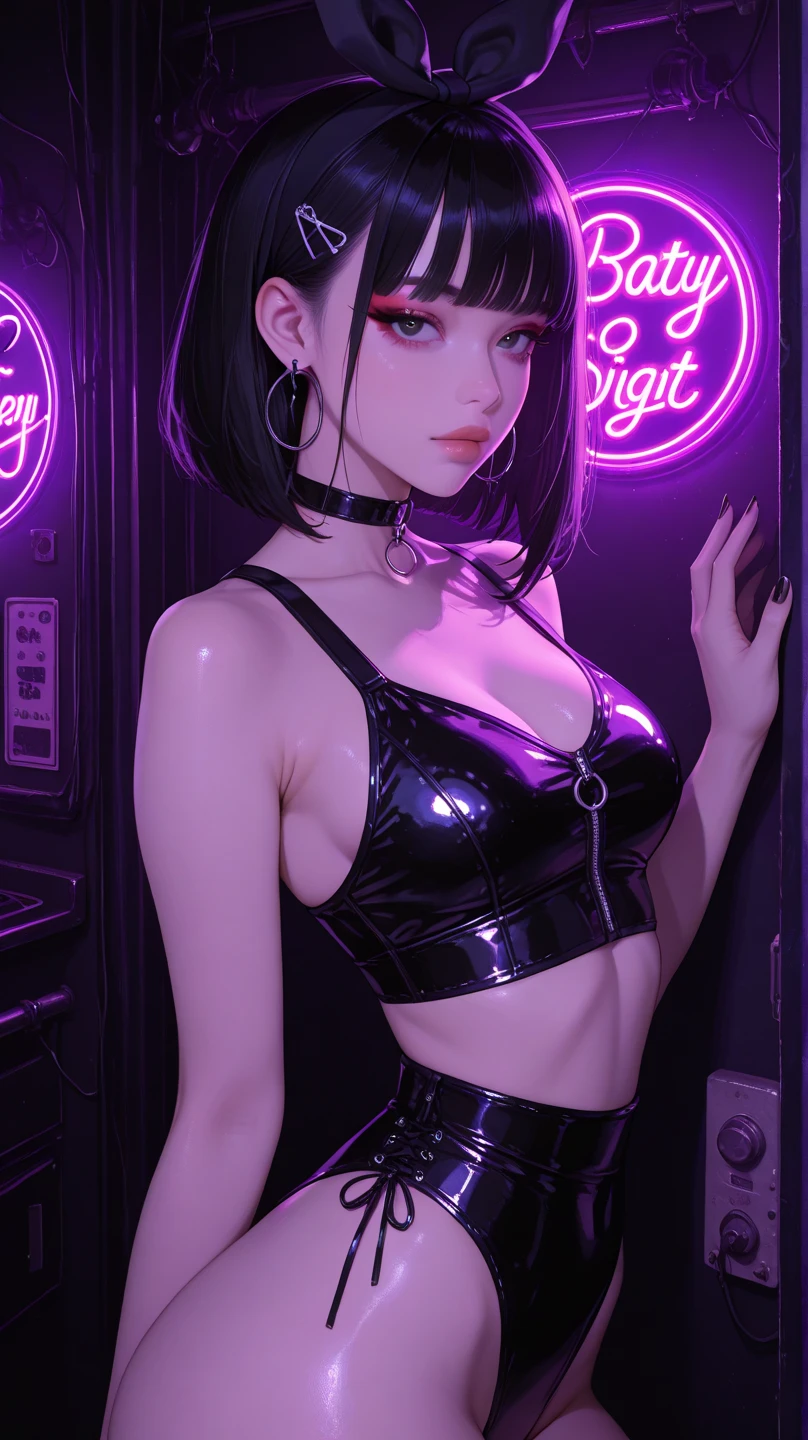 A sexy pure girl with bare breasts being touched by a man in a nightclub, movie lighting, neon lights, colorful, cyberpunk, liquid splash, essential oils