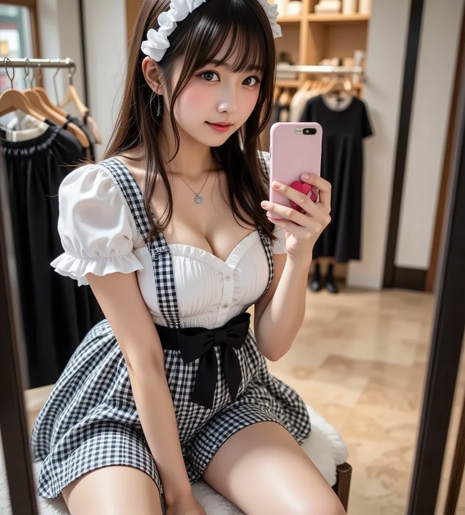 top-quality、超A high resolution、Photorealsitic、1 Idol Girl、with round face、White lace loose shirt emphasizing off-shoulder chest、tight skirts、Huge aquarium swimming flock of aquarium fish on background、Take a selfie with the camera in one hand、Footage taken with your own camera、selfie photo、(short reddish-brown wavy hair、)、huge-breasted、Selfie close-up、Look at viewers、