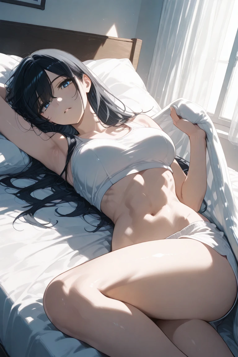 cabello azul,lie on the bed,,Usando ropa interior kini blanca fina,,Disfrutando,He blushed shyly,White liquid flows down,Urgencia para orinar,parece doloroso,Mojado con,Pies abiertos,Exponer el abdomen,Muchos tatuajes delgados.,white liquid,(((comfortably))),(((((revelado.45))))))