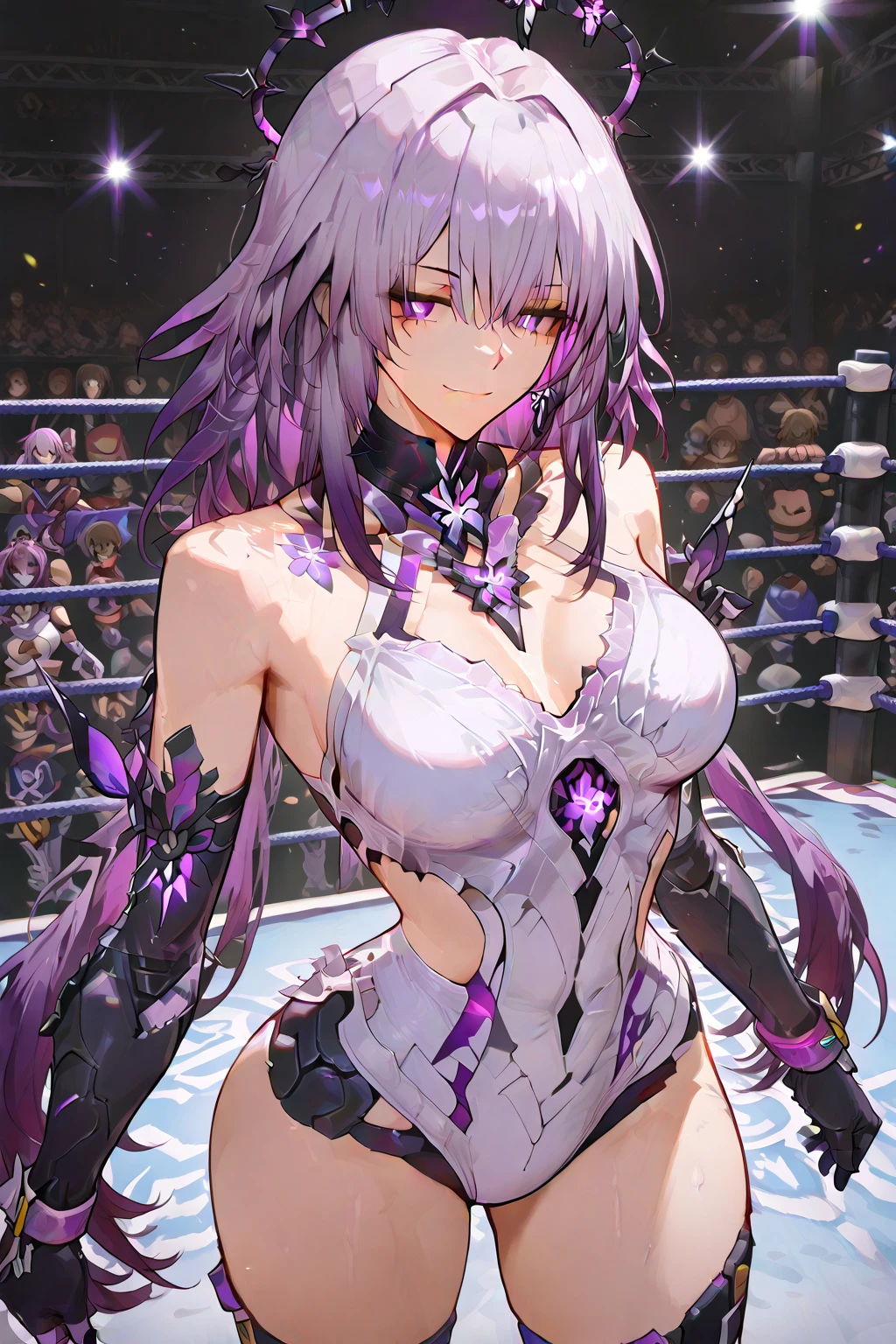a woman with silver hair, purple eyes, wearing a pink American Cheerleader Costume, muscular, serious face, perfect legs, perfect arms, just a woman