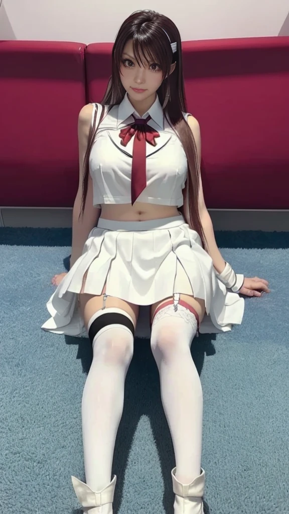 (((a leg up high:1.5))),cheerleader,red_skirt,cowboy_shot,white_thong,(((underboob))),(((nipple))),white_thigh_highs,eyes in highlight,(tareme:1.5),(Round_eyes:1.2),narrow waist,small hip,big breast, masterpiece, best quality,ultra-detailed,highres,extremely detailed CG,super fine illustration,anime,details,detailed beautiful skin,shy smile,