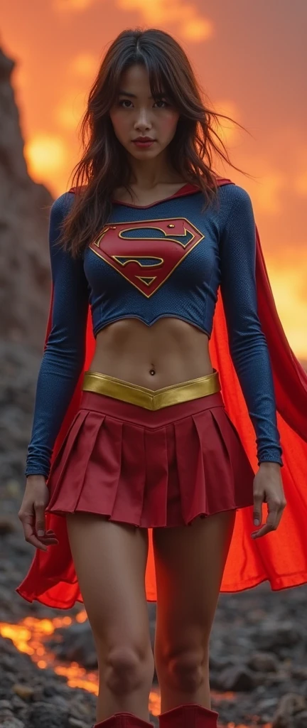 A SEXY TEEN FEMALE WITH (GIGANTIC BREASTS:8.8,) DREAMY BLUE EYES AND MEDIUM MESSY GOLDEN BLONDE HAIR WEARING A CLASSIC WHITE LONG-SLEEVED CROP=TOP SUPERGIRL COSTUME, A SHORT BLUE PLEATED SKIRT WITH A YELLOW SUPERGIRL BELT, RED HIGH HEELED SUPERGIRL BOOTS, AND SHORT RED SUPERGIRL CAPE WITH YELLOW TRIM. INCREDIBLY DETAILED SKIN, INCREDIBLEY DETAILED FACE, INCREDIDBLEY DETAILED CLOTHING, TEXTURED SKIN PORES, TEXTURED HAIR, 8K ABSURD RESOLUTION, MASTERPIECE.
