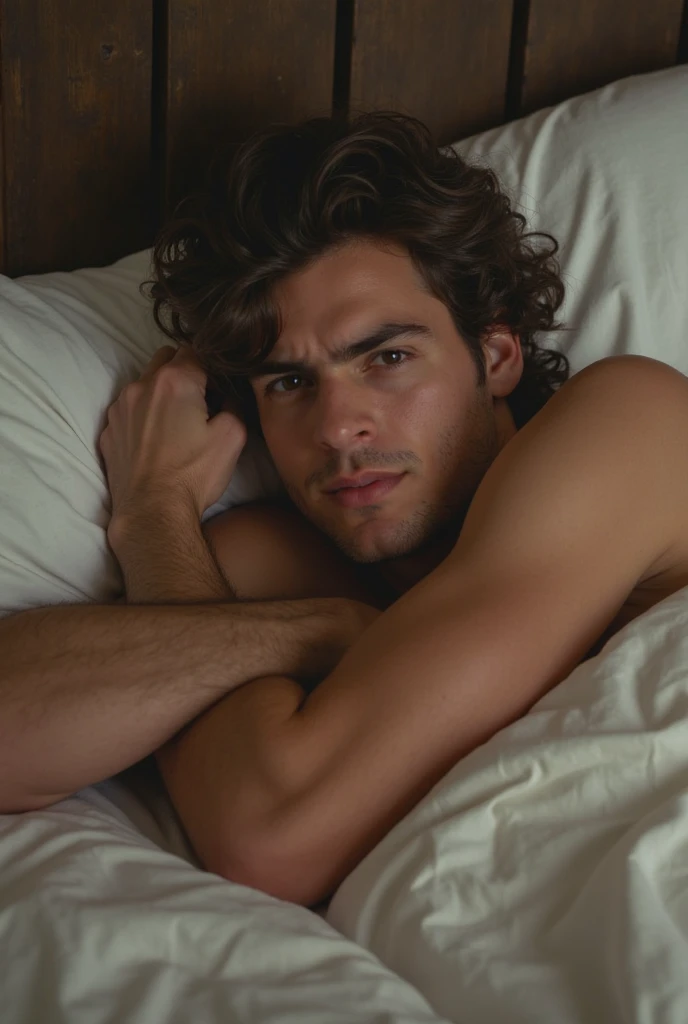 masterpiece, best quality, harvey sdv, 1boy, solo, brown hair, looking at viewer, lying, brown eyes, short hair, thick eyebrows, muscular, on bed, upper body, mature male, sleeping, bed, bed sheet, closed mouth, portrait, topless