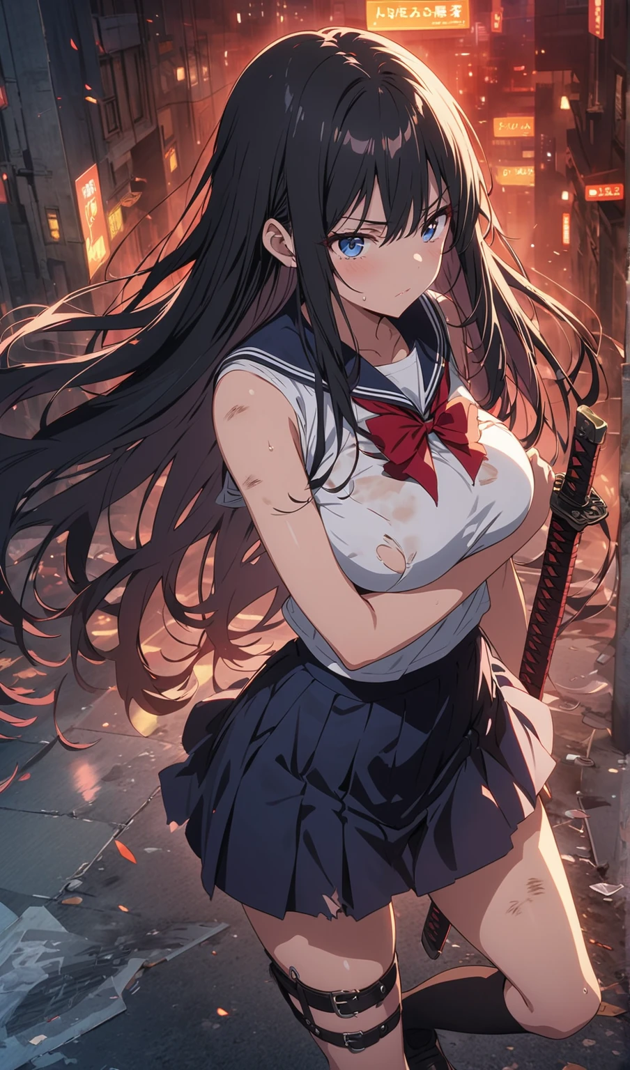(nsfw,rain、injured woman、Wet from rain、nsfw)、(masterpiece,Best Quality,Detailed beautiful face and eyes,Perfect Anatomy,beautiful illustrations,best anime), (1woman,Red cuts、red scratches、red bruise)、20 year old beauty、brown hair、long hair ,blunt bangs,brown eyes,terful,Painful expression,perfect proportion,slender body,skinny,medium breasts,naked,gleaming skin,oliy skin,shiny skin,kneeling,Drenched clothes、torn clothes:1.3,breast、white panties、white collar shirt、short sleeve,navy pleated skirt、mini skirt:1.2、Black High Socks、loafer shoes、Deep in the dark mountains、at night、forest、Old shrine、