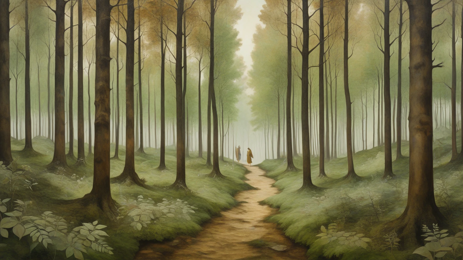 (((Pre-Raphaelite Celtic painting of a man greets a woman in an alley of quivering poplars in autumn, floresta, tons suaves, paisagem celta)))