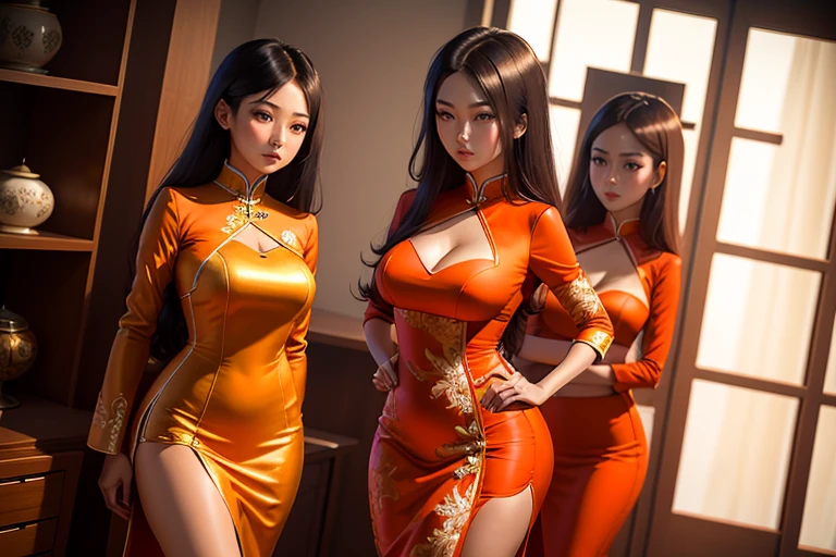 3 beauties wearing cheongsam,white skinned,Bigchest,Expose cleavage
