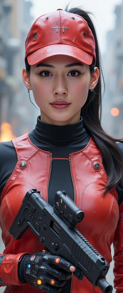 dominoCOD,black hair,brown eyes,medium hair,
red bodysuit,skin tight,- long sleeves - chest harness,
standing,upper body,smile,
night,military base,
(insanely detailed, beautiful detailed face, masterpiece, best quality),solo,<lora:dominoCOD:0.8>,