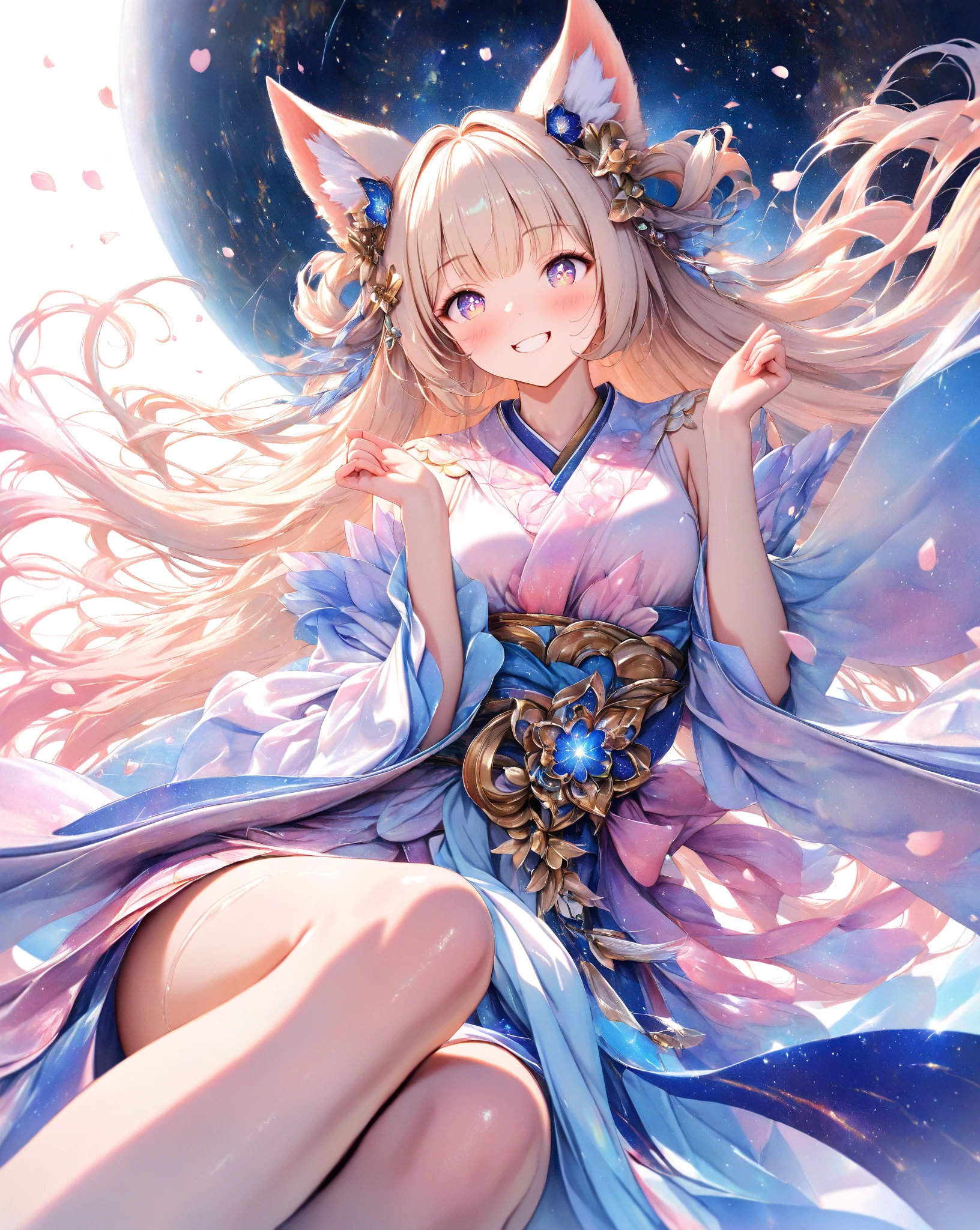 masterpiece, Highest quality, 複数people, 2people:1.3, 2peopleの女の子, Small breasts, Small cleavage, Long Hair, Fluffy dresses, Young Girl, skirt, はためくskirt, smile, Anime Fantasy, Twin tails, Flowing white hair, Fantasy Anime,Fluffy bunny ears:1.5. Ethereal Anime, Beautiful anime art, Beautiful digital art, Anime Fantasyアートワーク, grassland, Petals are dancing, The wind is blowing, Watching the audience, Panty shot, Underwear is visible, (White panties, Rabbit illustration), Jump, Bouncing, Plump thighs