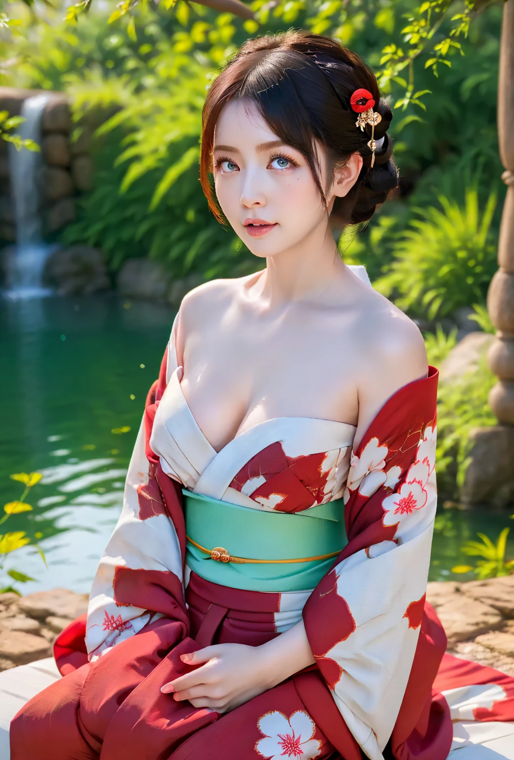 A breathtaking anime scene set in a serene, lush forest during sunset. The warm golden light filters through the towering trees, casting long shadows and creating a magical, ethereal atmosphere. In the center of the scene, a crystal-clear river gently flows, reflecting the vibrant colors of the sky. Delicate cherry blossom petals dance in the air, carried by a soft breeze. A young anime character, with flowing hair and detailed, intricate clothing, stands on a small wooden bridge, gazing thoughtfully at the horizon. The hyper-realistic details bring out the texture of the bark, the shimmer of the water, and the softness of the petals. The entire scene is rendered in 4K, with an incredibly high resolution, capturing every detail with stunning clarity.8K,high resolution 

realistic, 1girl,moles on the face and chest:1.3)、Climax expression)、(Big Breasts:1.4) , sexy yukata,(masterpiece:1.2), (Highest quality:1.2),((Anime Girls)), ,smile, Wink, , Androgynous charm, (Very short hair), ((Black Hair)), Messy Hair, Green Eyes, High resolution detailed hair,  From before,whole body,Gweiz-style artwork, Makoto Shinkai&#39;s art style, lofi portrait, Digital anime art, Makoto Shinkai style, LOFI Girl, Anime-style illustrations, lofi art style, Anime illustration