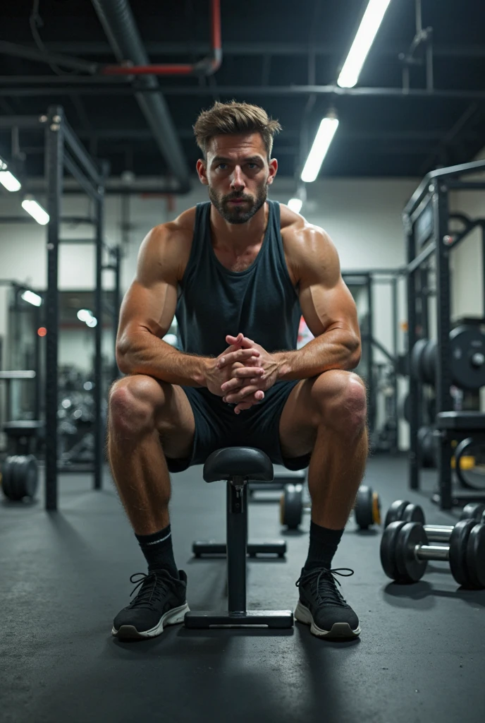 a panoramic image of a gym, man sitting on bench press in the corner, soft sunset light, man is alone, highly detailed, realistic, photorealistic, 8k, HDR, dramatic lighting, cinematic composition, metal plates, clean and organized gym equipment, wood flooring, large windows, sunlight streaming in, muscular man with defined physique, serious expression, comfortable gym attire, focus on details