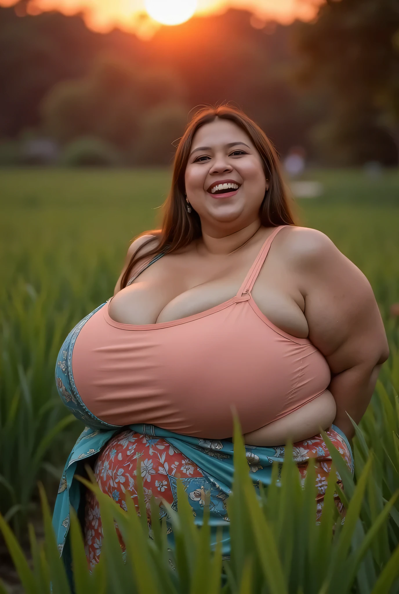 (realistic, photo-realistic:1.4), Bbw Fat beauty smile, Straight hair covers the ears perfectly, Wearing peach plain Strapless Bra , (( wearing Kain Batik Sarong )), view from the front, both hands lying behind back, background rice paddy. twilight is red atmosphere, FRONT IMAGE, red lips 👄 (detailed split batik fabric looks peha), overweight plump and fat belly, fat belly, BERENDAM DIDALAM LUMPUR