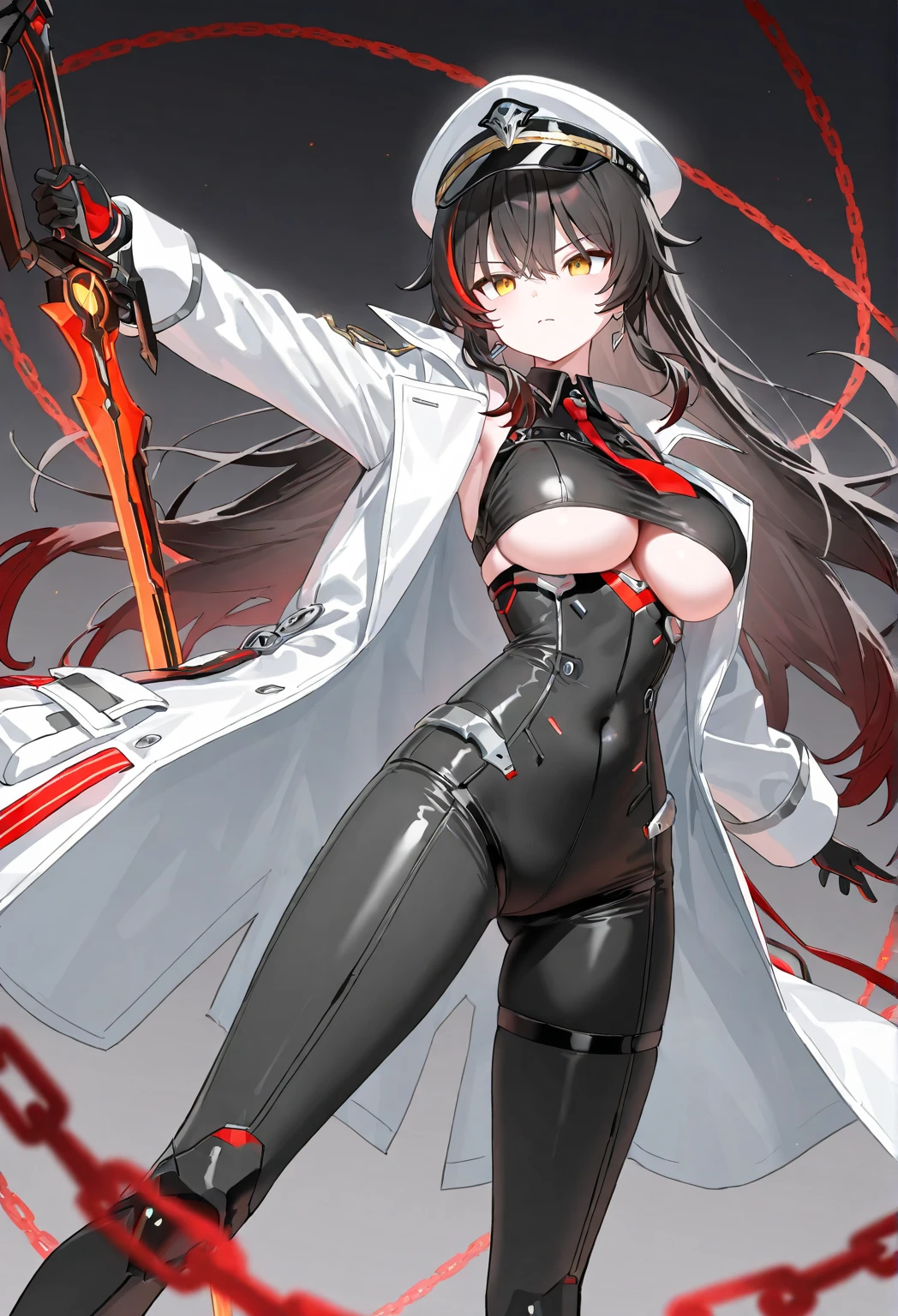 red eyes, pointy ears, long hair, (black hair), pink lipstick, makeup, pale skin, curvy, anatomically correct, heavy breathing, huge breasts, 1girl, thighhighs, breasts, solo, thighs, looking_at_viewer, ice, gloves, closed_mouth, necktie, (shaded face:1.2), hollow eyes, mole, red eyes, purple lips, looking at viewer, (heavy breathing:1.2), smirk, upper teeth, nsfw, fantasy art, electricity,