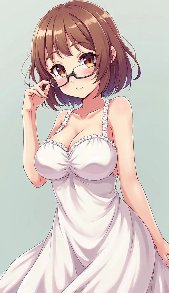 Embarrassed anime girl with bob haircut and round glasses with very small breasts shows her panties