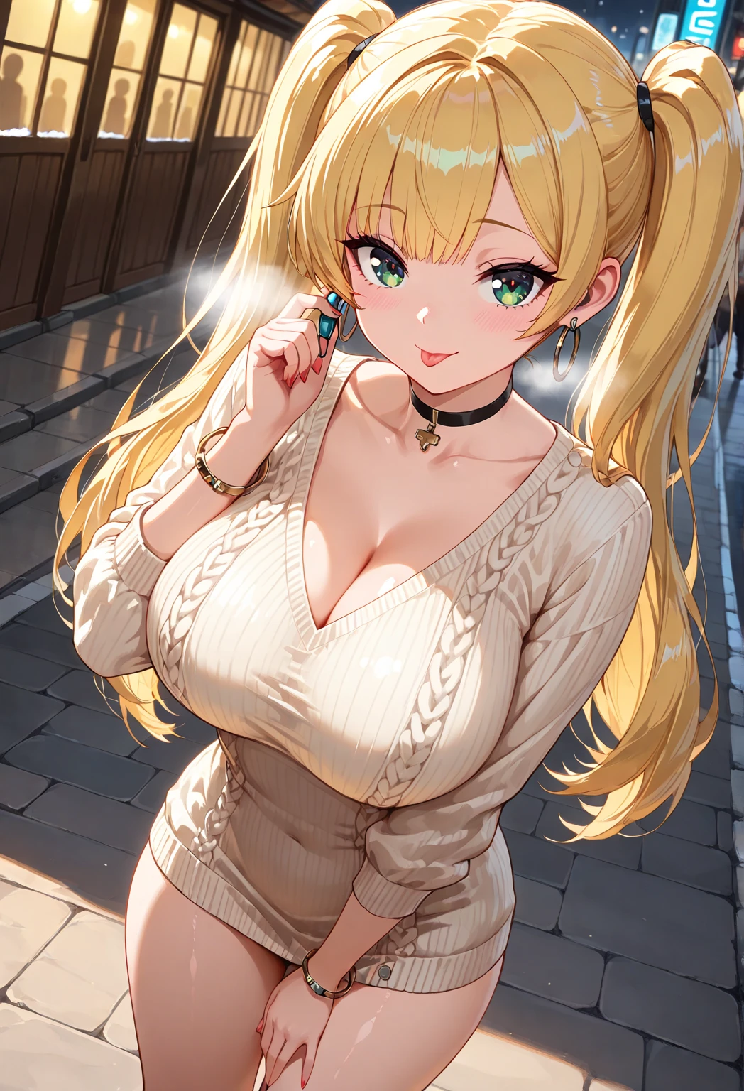 Anime Kawaii sexy Perfect Slim sensual body large breast and huge thighs, An intricate and highly detailed illustration of anime (Young girl) work of art, best qualityer, 1 girl, standing alone, grown-up, hair blonde, long hair, aretes, pink eyes, face detailed, white top, breasts big, Shorts, Arm belt, in front of the viewer, blank stare,