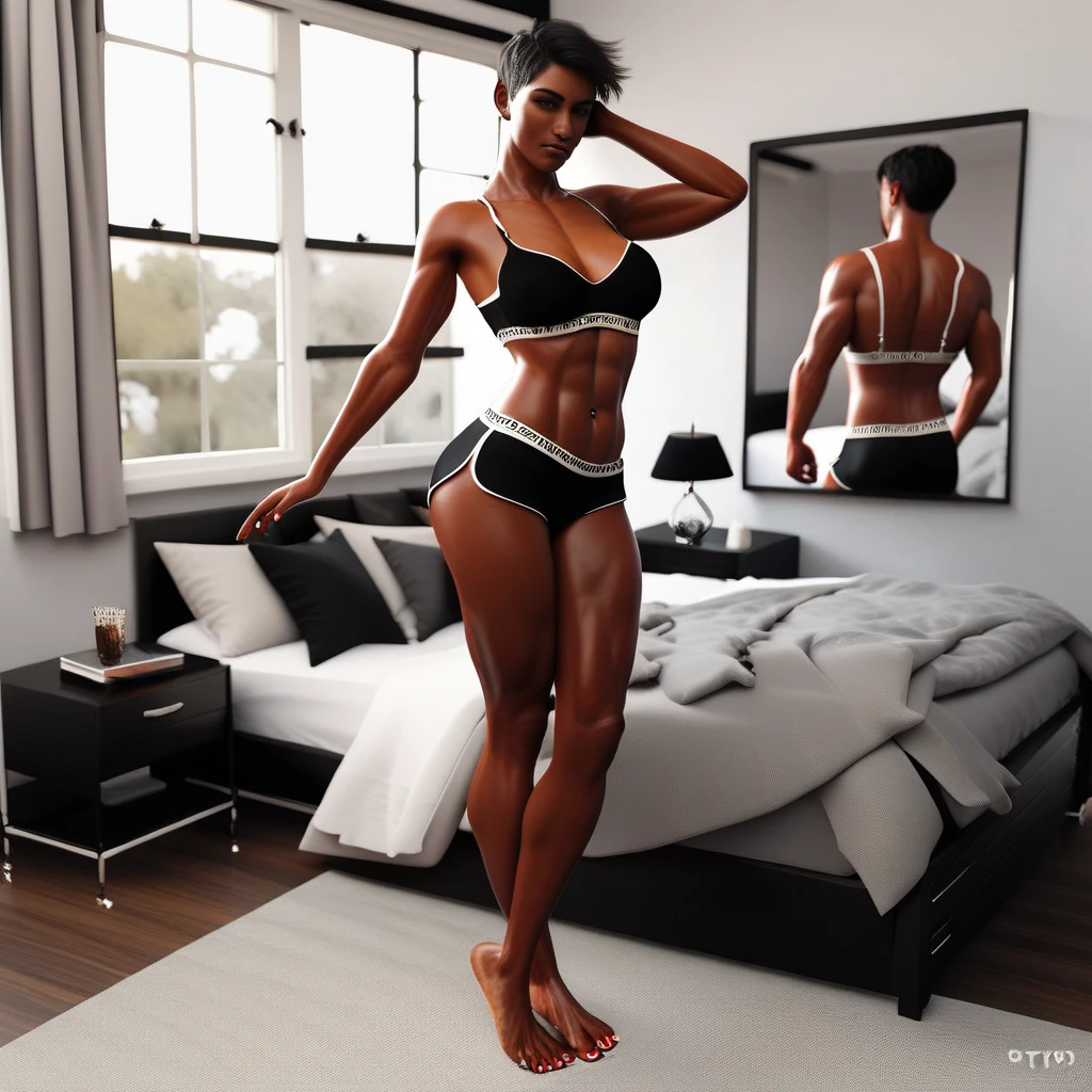4k highly detailed realistic ((full body including legs)) photo of beautiful 18 year old (((ebony:1.25))) sweaty girl with ((sharp jawline)) and perky tits, in wet clothes standing by the bedroom window in a tall building with white walls in a wet sports bra with a deep neckline