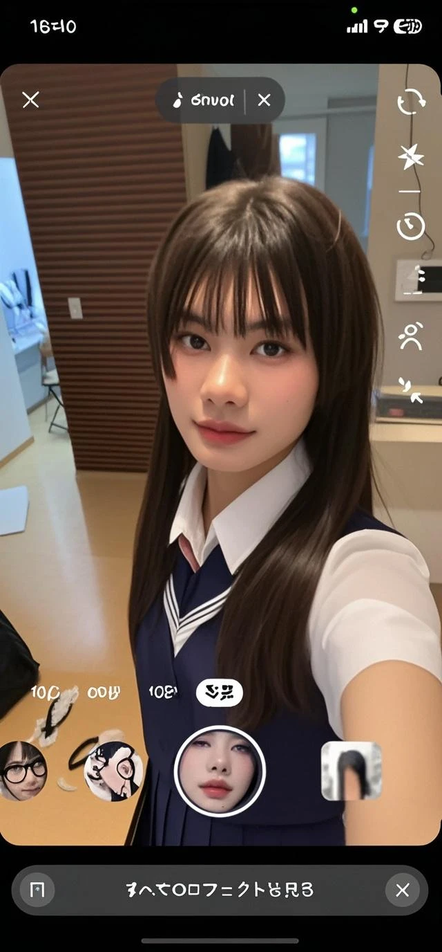 ,Short sleeved white shirt,Grey checked tie,Grey checked mini skirt,Navy blue socks,open mouth,tongue out,cum on tongue,standing,slouch,Selfie,looking ahead,from above,flont view,upper body,(1girl,Beautiful 14 year old girl),((Slender,Small breasts,Small face,)),looking at viewer,Black Hair,bangs,one side up,Beautiful and detailed,Mischievous smile,Dimly lit room,Simple Background,Black background,Low lighting
