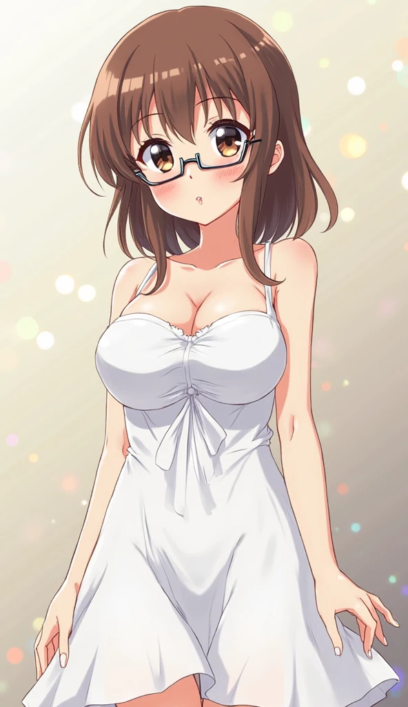 masterpiece, (volumetric lighting:1.5), (atmospheric:1.5), best quality, best artist, 4k wallpaper, 1girl, velma, glasses, happy, large breasts, looking_at_viewer, solo, on all fours, blush, Brown hair, see thru orange sun dress, full body portrait, no background, perfect face, detailed face, bangs, perfect body, beautiful eyes, pretty face, bright skin, idol, cleavage, white stockings, unbutton top, white panties, full body, shoes visible