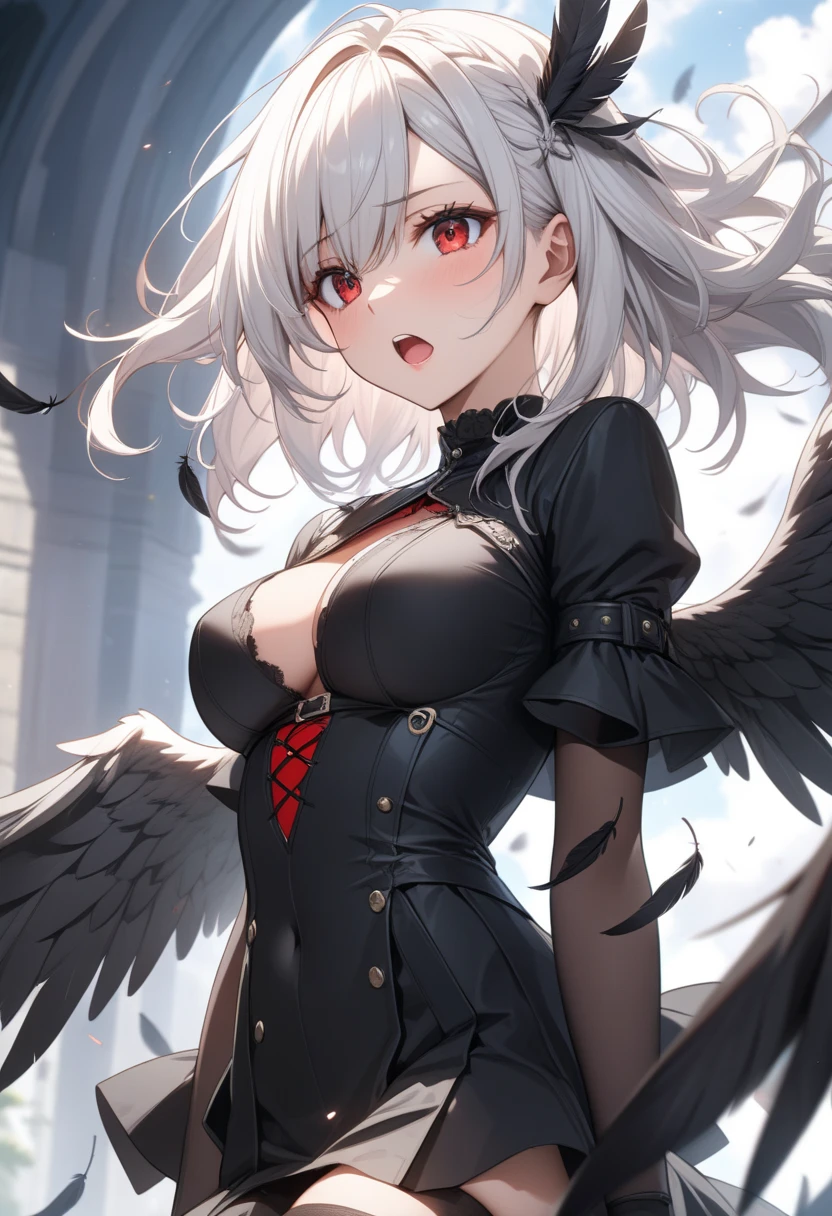 Masterpiece, best quality, 1girl, dark fairy, busty, small waist, large hips, large cleavage, white hair, red eyes, pointing at camera, large dark wings, upper body, from front, arrogant look, dark clothes, in a destroyed church