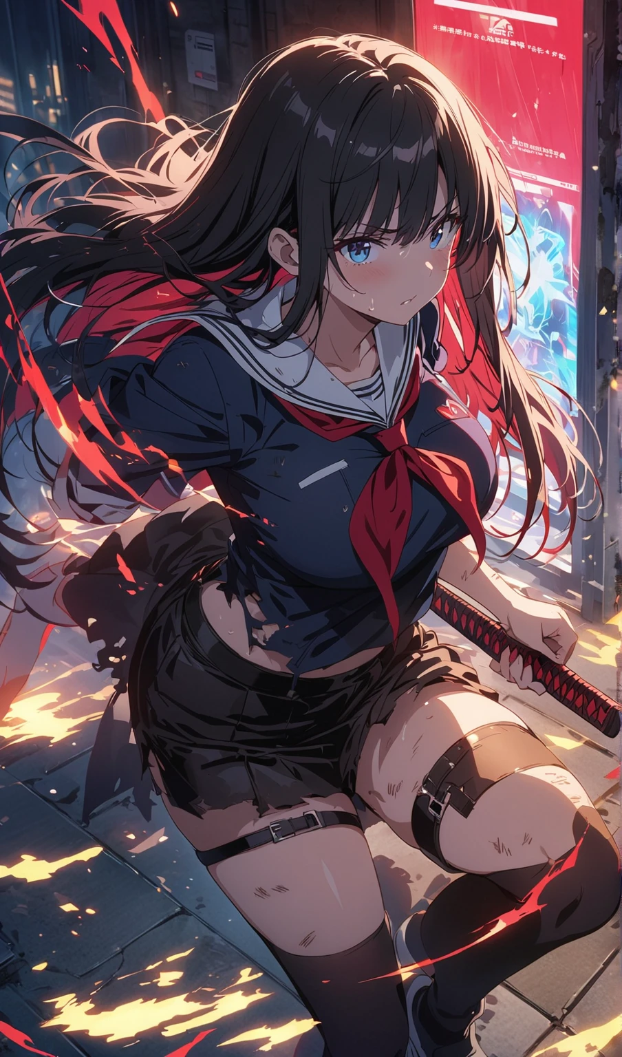 Slashing action scene、(((masterpiece, highest quality:1.3,absurdres))),cowboy shot,18 year old beauty,solo,((very small head:1.4)),ponytail hair style,long hair,blunt bangs,black hair,glay eyes,Serious expression,blush,medium breasts,((very long body,slender body)),skinny,gleaming skin,shiny skin,   ,(High leg white leotard)、(Short sleeve、Navy blue sailor collar、Red neckerchief、white_thighhighs、１Holding a Japanese sword in his hand),    ,Fight monsters with a Japanese sword、Abandoned Factory、at night、