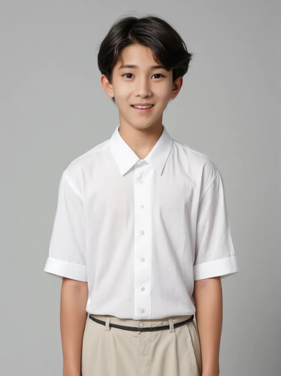 Highest quality、Realistic、、Japanese、zoom、man、neutral、Middle school students、cute、classroom、Grey Eyes、Light brown hair、short hair、White short-sleeved open-collar shirt、Grey slacks、thin、Cowboy Shot