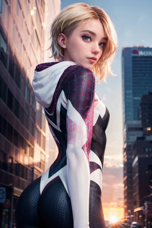 (One girl: 1.3), alone, beautiful face, (((extremely Detailed face))),(((extremely Detailed face and eyes)),beautiful detailed eyes, Body parts__, Official Art, 8k unified wallpaper, Very detailedな, beautiful and aesthetic, beautiful, masterpiece, 最high quality, born, masterpiece, Ultra-thin photo, 最high quality, Ultra-high resolution, photorealistic realism, sunlight, Full body portrait, Great beauty, short blonde haircut, Dynamic pose, Delicate face, Bright blue eyes, (from the front), She is wearing a nylon outfit (inspired by Spiderman costume), Cosplay ('/snow/'), red, Transparent white and black color scheme, Top floor of a skyscraper, Very detailed, Detailed face, Detailed, intricate and busy background, Messy, beautiful, milky, Very detailedな肌, Realistic skin detail, Visible pores, Sharp focus, Volume Mist, 8K Ultra HD, Digital SLR, high quality, Film Grain, Fair skin, Photorealism, Lomography, Future dystopian megacity, View from below, translucent