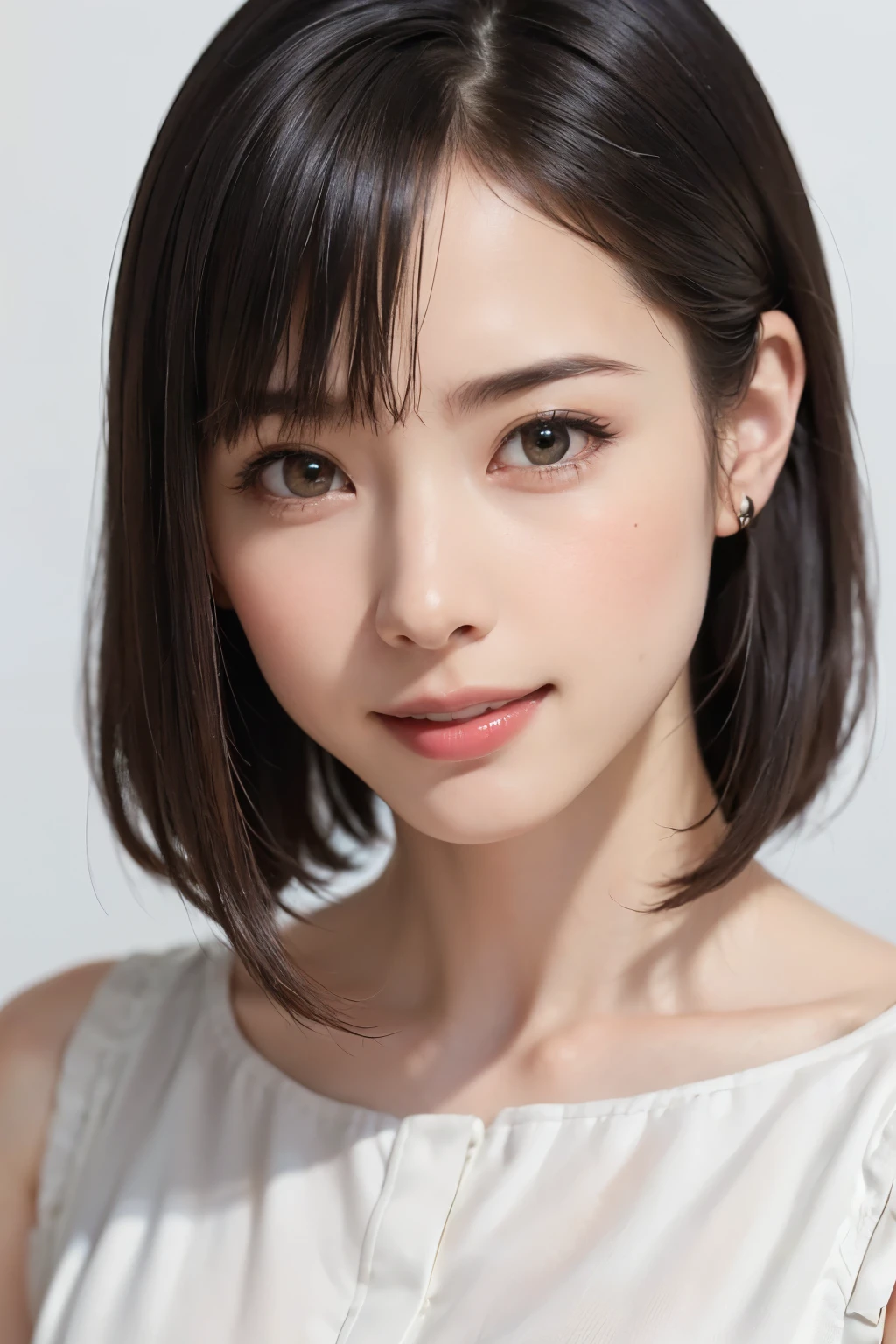 1 girl, alone, Shiny skin, chest, very detailed, ultra detailed, Ultra-high resolution, whole body, (フォトrealism:1.6、Put out your ears), (highest quality), (Best Shadow),realism:1.6 details, Perfect lighting, Black Hair, ((Showpiece, highest quality, High precision、Beautiful face in symmetry、golden ratio、Ultra high definition)), One Girl, (big chest, Realistic: 1.4), (look up at the camera even a little, カメラをlook up, look up, look up at the camera, Looking into the camera))), alone, , White Background, snow-White Background, shut up., smile, pretty Black Hair, short hair, Big eyes, Transparent double eyelids, eyelash, listen, Long neck, Long neck, Absolute area, ((Face close-up, short hair with bangs)), 19 years old, Attractive proportions, Shiny skin, Beautiful clavicle, Golden ratio face, Perfect Face, Teardrop-shaped mole, chestのほくろ, bangs, clean bangs, beautiful bangs, Lip gloss, Thin lips, White skin, I took off my clothes, big chest, Small face, Small face, 少し上を向いてLooking into the camera, ((smile a little for the camera, really nothing pure White Background, very big big chest, big chest))