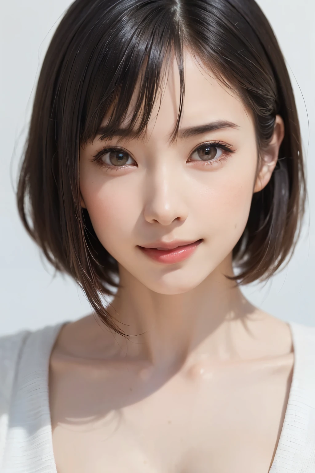 ((masterpiece, Highest quality, High resolution、Realisticですべてが美しく詳細に描かれている)), 1 person, (Realistic: 1.4), alone, White Background, snow-White Background, Mouth closed, smile, smile, Beautiful black hair, short hair, Big eyes, Transparent double eyelids, eyelash, Listen carefully, Long neck, 美しくLong neck, Absolute area, ((Face close-up)), (Draw the whole head, shoulder), 19 years old, Attractive proportions, Glowing Skin, Beautiful clavicle, Golden ratio face, Perfect Face, Teardrop-shaped mole, chestのほくろ, bangs, clean bangs, beautiful bangs, Lip gloss, Thin lips, Fair skin, naked, Big Breasts, {Huge|big|Hugeな|Mega} chest:2, chestの谷間:2,chestの谷間を見せる、Small face, Small face, All the heads are painted, shoulder all drawn, Point slightly above the camera