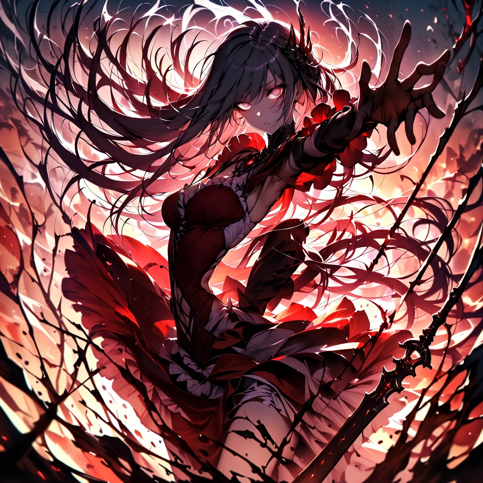 (((Best resolution, Textured skin, high quality, Caution about scars, Precise CG unification, game CG))), (One girl), necromancer, (red long hair), Are standing, (action pose: 1.4), dynamic angle, Holding a wand, skull,