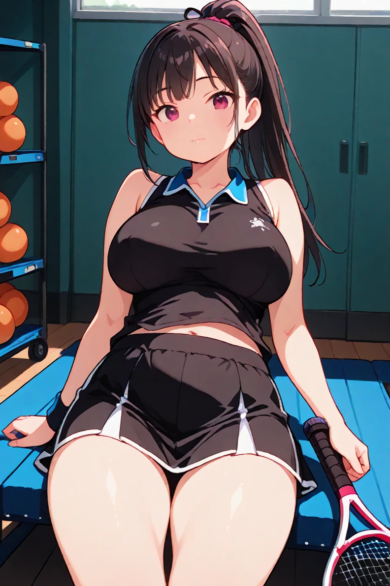 (masterpiece), best quality, expressive eyes, perfect face, gym, workout, hot, sweating, sweaty, tan, big , tan skin, flustered, blush, purple clothes, see thru, yoga pants, black hair, sitting on exercise ball, gym ball, exercise ball, curvy woman , black hair , straight hair, purple eyes, emberased, purple hair, purple eyes , ultra hd,