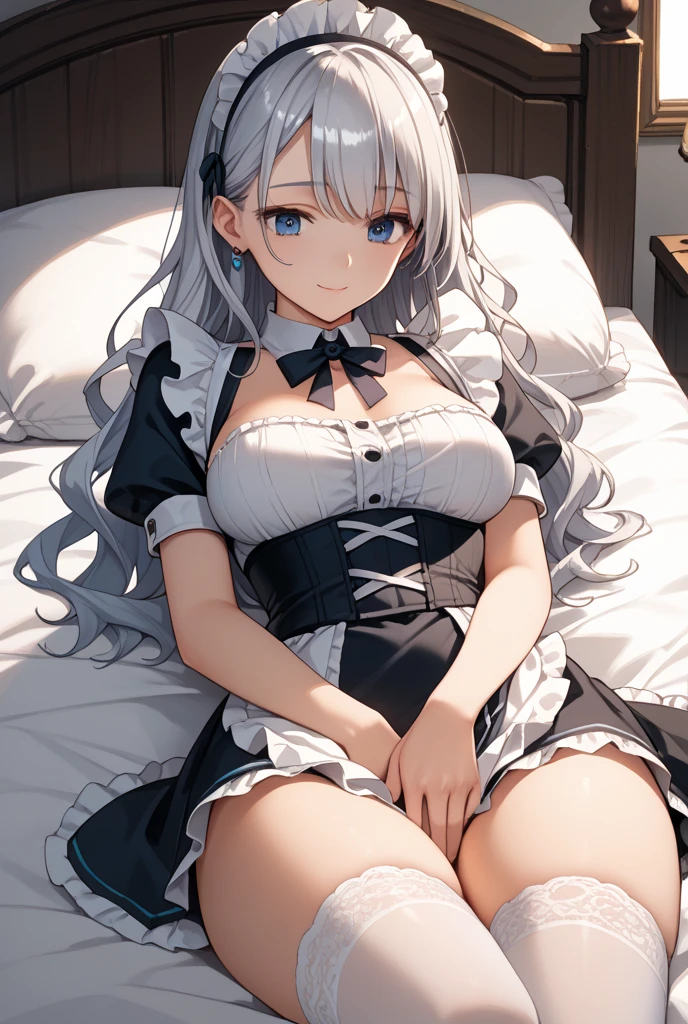 lighting like a movie、top-quality、Girl sitting on bed、white hair、maid clothes、Laugh、Colossal tits、Cleavage is severely exposed、Black mini skirt、black panties、