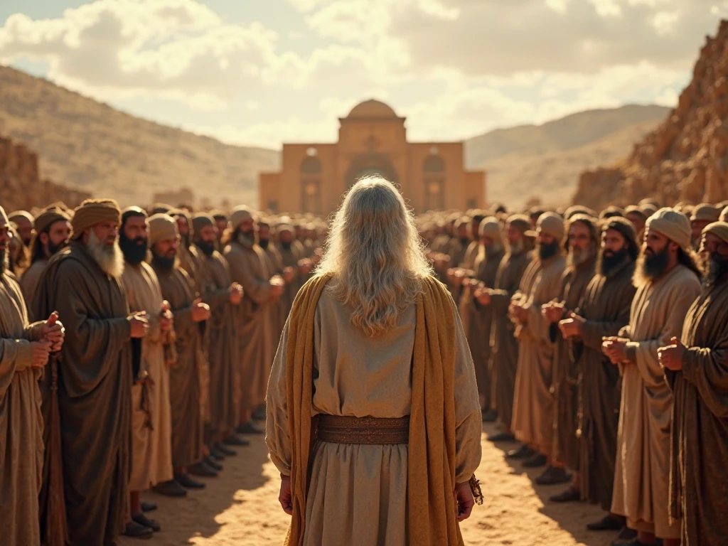 Cinematic shot of a prophet with a long white beard standing in the city of Medina. He wears a white dress, white turban, showing his back. He is giving advice to ancient people. People are wearing beige and brown clothes. They are standing on the ground. Reveal in a desert medina city.