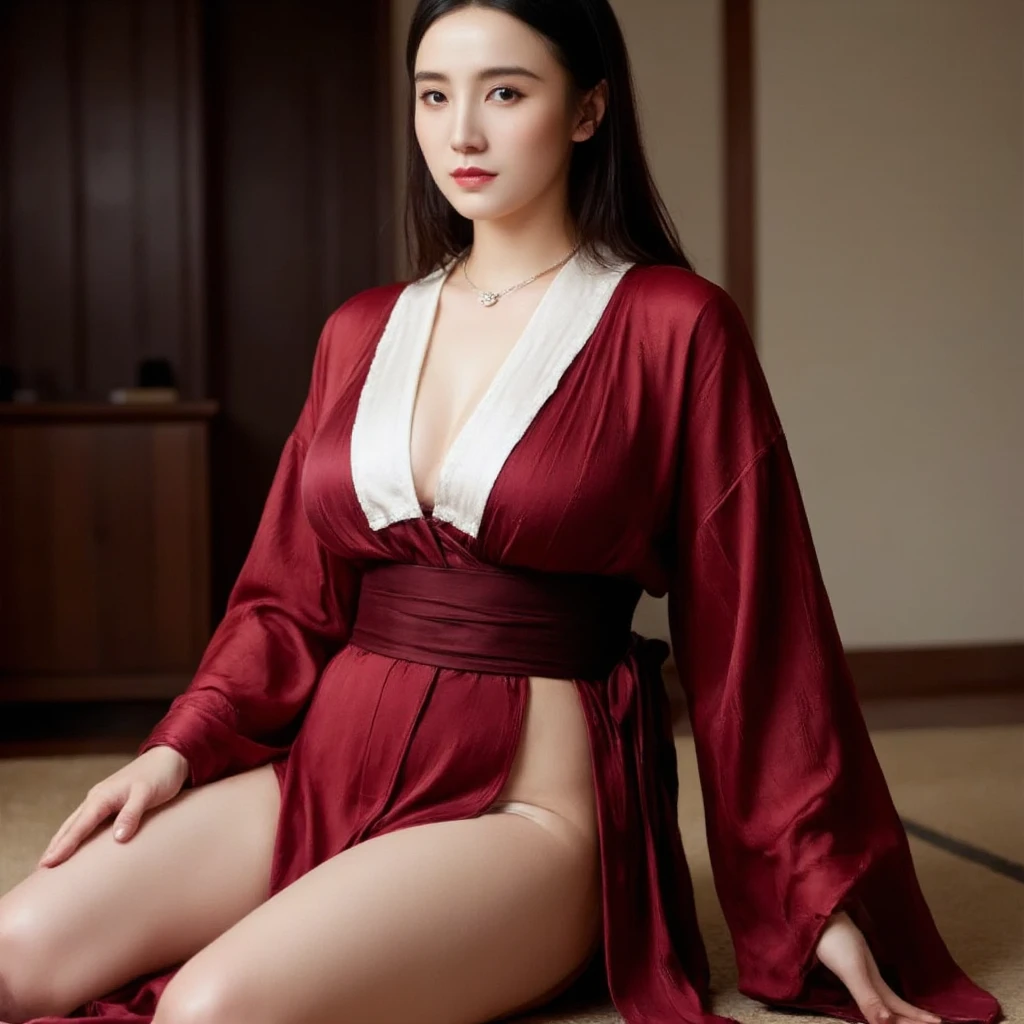 (kimono, Webbing, Complex red:1.4),
((highest quality, 8k, masterpiece: 1.3)), Perfect body beauty: 1.4, (Breast A cup:1.2), Small breasts, Round shaped breasts, Perfectly shaped breasts, Highly detailed face, Beautiful woman, (Dark brown shortcuts), Slim face, Highly detailed face and skin texture, Highly detailed lips, (Realistic:1.4),
((30 years old, Beautiful Married Woman:1.2)),
((Laying a white futon in a Japanese-style room, Sit on the futon with your legs stretched out, Kimono is open:1.2)),
((Dark room, Lantern:1.2)),
((Squint your eyes)),
((purse your lips:1.2)),
((Blushing:1.2)),
((Open your mouth a little to show your white teeth)),
((Breast enlargement,Flat Chest:1.2)),
Narrow shoulders, Long, slender legs, Thin waist,
Ultra-detailed skin, Glossy Skin, Ultra detailed face,
Ultra-detailed eyes, Slit eyes, Brown eyes, double eyelid, Beautiful thin eyebrows, Thin, long eyelashes,
Ultra-detailed lips, Fuller lips, Glossy pink lips, Flushed Cheeks, White teeth,
Beautiful actress's languid make-up, Pink lipstick, Smoky eyeshadow, Eye foundation,
Dark brown hair, Delicate and soft hair, Hair blowing in the wind,
(Elegantly putting your hair up, short hair, ponytail:1.5), Layered Cut, (Blunt bangs:1.2),
