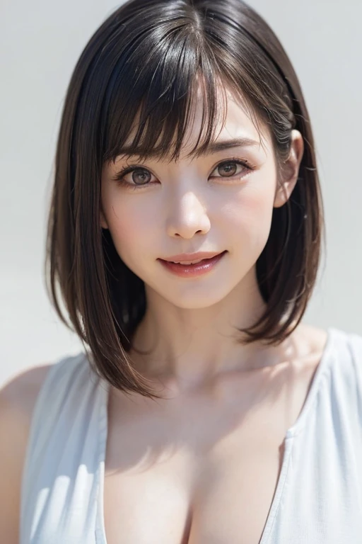 1 girl, alone, Beautiful Skin, very detaileded, ultra detaileded, Ultra-high resolution, (Photorealism:1.4), (highest quality), (Best Shadow), detailed, Perfect lighting, Black Hair, ((Showpiece, highest quality, High precision)), One Girl, (Realistic: 1.4), (look up at the camera even a little, カメラをlook up, look up, look up at the camera, Looking into the camera))), alone, White Background, snow-White Background, shut up., smile, pretty Black Hair, short hair:1.6, Big eyes, Beautiful double eyelids, eyelash, listen, Long neck, 美しいLong neck, Absolute area, ((Face close-up, short hair with bangs、Short Bob Hair:1.5、Off the shoulder)), 19 years old, Attractive proportions, Shiny skin, Beautiful clavicle, Golden ratio face, Perfect Face, Teardrop-shaped mole, Mole on chest, bangs, clean bangs, beautiful bangs, Lip gloss, Thin lips, White skin, I took off my clothes, Small face, Small face, 少し上を向いてLooking into the camera, ((smile a little for the camera, really nothing pure White Background, Listen carefully, big 胸、Dynamic Angle:1.5))