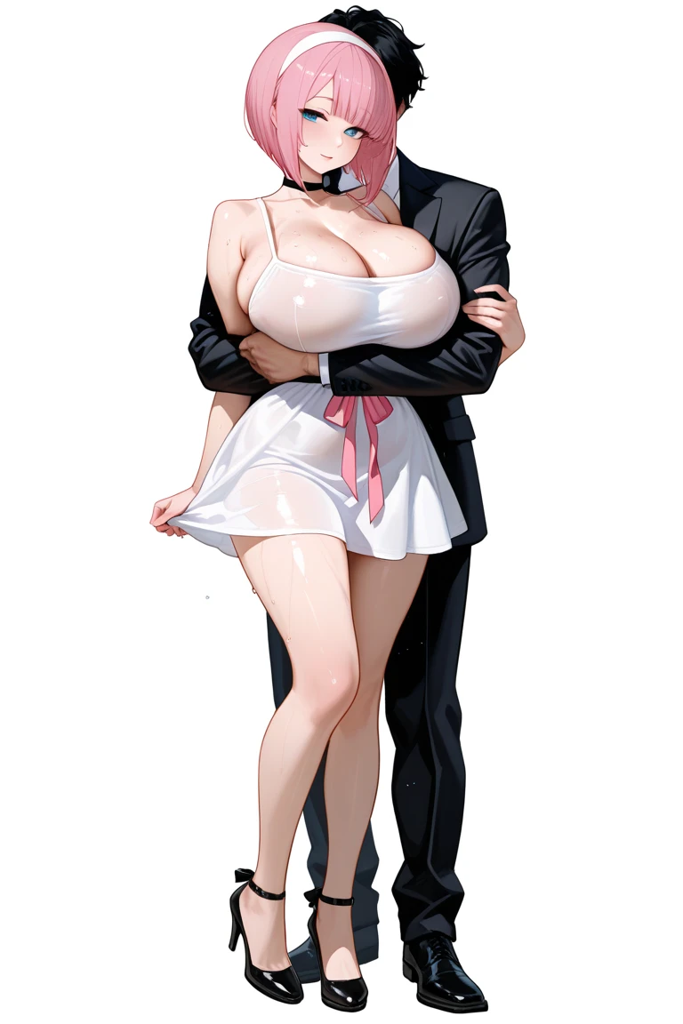 realistic, couple, black haired woman, white haired man, red eyes, green eyes, perfect hands, bright eyes, dress, oriental, skirt, lips half-open, blush, night, flowers, solar, large breasts, suit