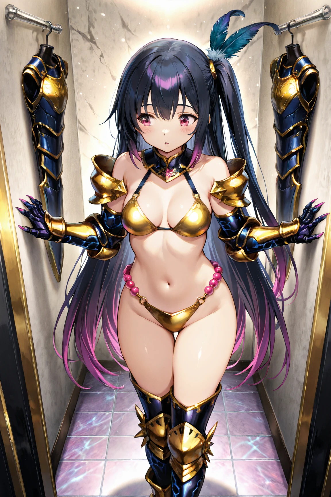 (((outstretched hands, out stretched fingers, outstretched fingers))) black hair, bare shoulder, red eyes, very long hair, cleavage, large breasts, dress, showgirl skirt, high-leg, cleavage cutout, tiara, bare thighs, gauntlets, bare shoulder, bare nails, bare fingers, bare hands, good hands, best hands, Correctly aligned fingers, extremely detailed hands and fingers, ultra detailed hands and fingers, super detailed hands and fingers, perfect female hands and fingers, biologically accurate hands and fingers, 4 fingers and 1thumb accurate hands and fingers, beautiful hands and fingers, hands and fingers drawing, human hand and fingers, perfect arrangement of fingers, detail focus hands, perfection hands, better hands, adult face, fearless face, both arms, two arms, both hands, two hands, super fine illustration, masterpiece, masterwork, by famous artist, official art, ultra high res, best quality, high quality, Hand, detailed, perfect, perfection , hands, both hands is Thumb and index finger and middle finger and ring finger and little finger, even hands, panties, thighhighs, symmetrical bangs, gleaming skin, oil skin, shiny skin, wet skin, sweat, rouge, exquisite, beautiful,cg unity 8k wall paper, perfect face, ultra detailed beautiful face, perfect nose, perfect mouth, clear eyes, light eyes, perfect eyes, symmetrical eyes, even eyes, 16k, absurdres, perfect body, perfect anatomy, perfect proportion, perfect arms, perfect torso, symmetrical hands, symmetrical arms, reaching down fingers, reaching down arms, reaching down hands, spread fingers, (((fingers is front view))),