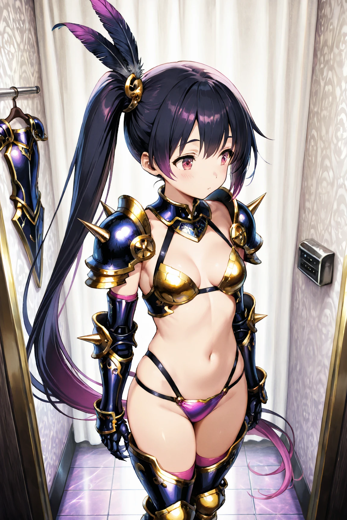((highest quality)), ((masterpiece)), (detailed),
Five Fingers, Perfect Face, Beautiful fine details, Beautiful body, Beautiful breasts, Beautiful thighs, ((Small breasts))、Beautiful feet, (Brown Skin), 12 year old girl、One Girl,
(Red High Heels), (Two Sides Up with Red Ribbon), ((Purple Bodycon, latex, Fits perfectly against the skin)), (Shiny knee-high stockings, Lace skimpy thong panties), belly button、belly buttonピアス、
Wicked Smile、((Grin))、She turns her face and body towards the viewer,She has a pretty face and a charming smile,Wearing earrings and a necklace,The accessories are gold、Are standing、The whole body is visible
