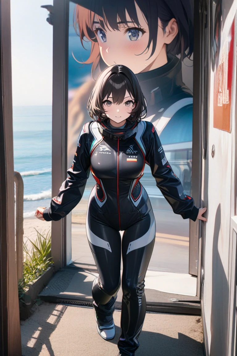 Anime girl tight clothing, great attributes, short hair brunette
