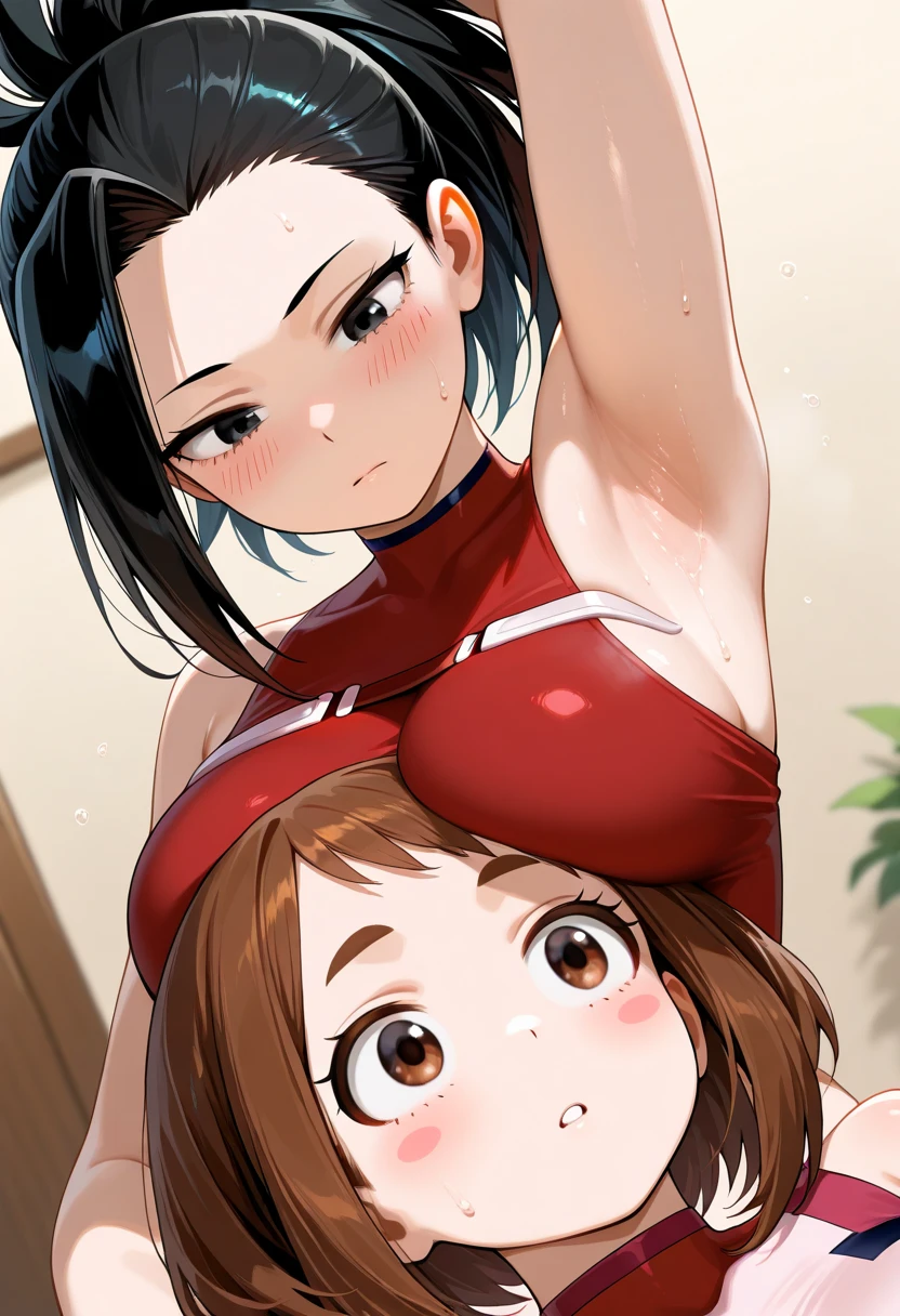 Masterpiece, high resolution, 4k, (perfect anatomy:1.5), perfect long legs, perfect arms, volleyball girl, volleyball suit, tight shorts, slim build, medium breasts, Beautiful face, pink cheeks, long black hair, Brown eyes, ribbons and bows in hair, pose sexy, socks, Collections, sexy body