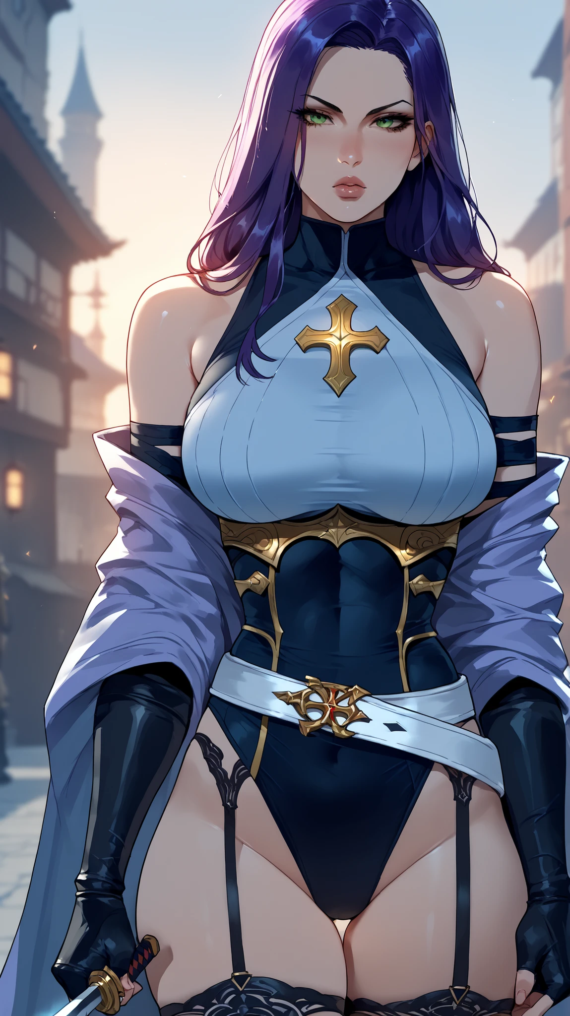 psylocke, light green eyes glossy lips, long hair, purple hair, black shirt, black armour with gold trim , multicolored shirt, steel plate, leotard, fingerless gloves, black elbow gloves, garter straps, bare shoulders, white belt, white belt, black thighhighs, huge , medieval city, sunset, cross, off-shoulder kimono. open white kimono, plate, gold cross on armour. large breasts, holding sword, katana